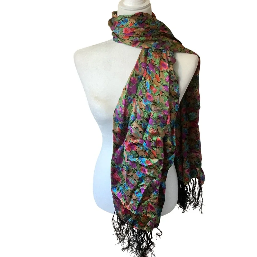 Vintage 100% Silk Floral Scarf Multicolor Botanical Print Fringe Trim Wrap 74x22